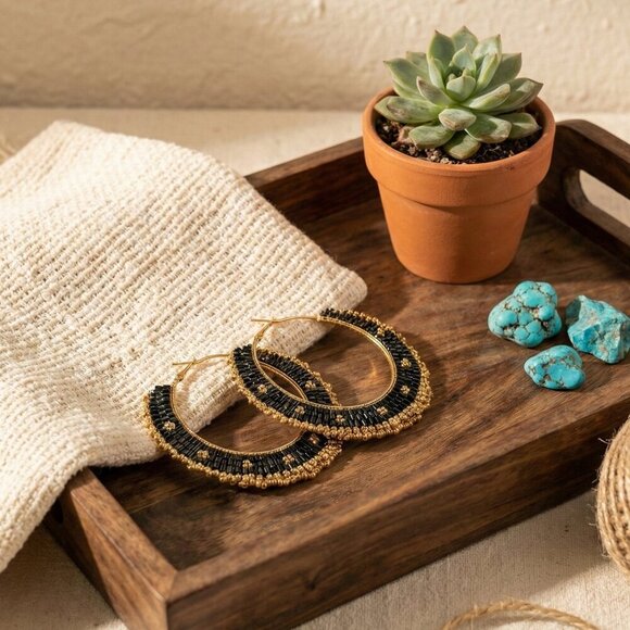 Indian Artisan Beaded Boho Chic Stylish Handmade Statement Hoop Earrings - Picture 9 of 13